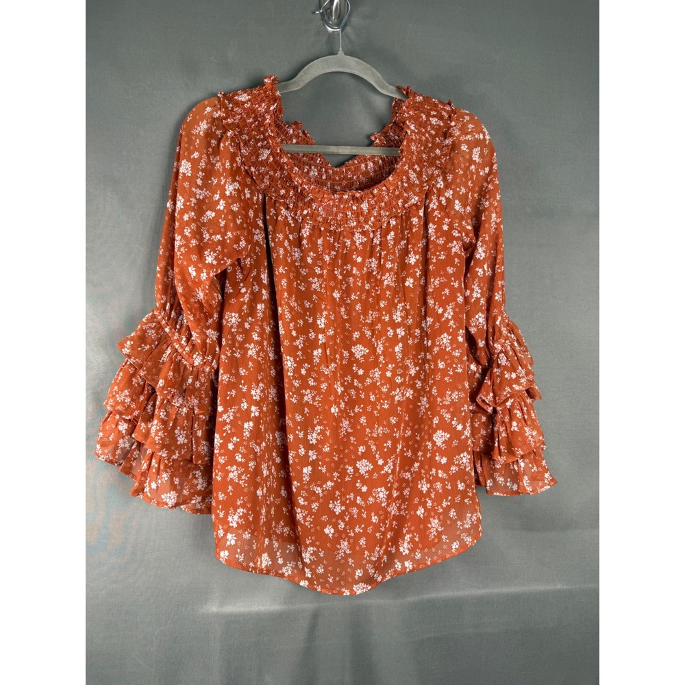 CeCe Blouse Women Medium Orange Floral Smocked Ruffle Bell Sleeve Top